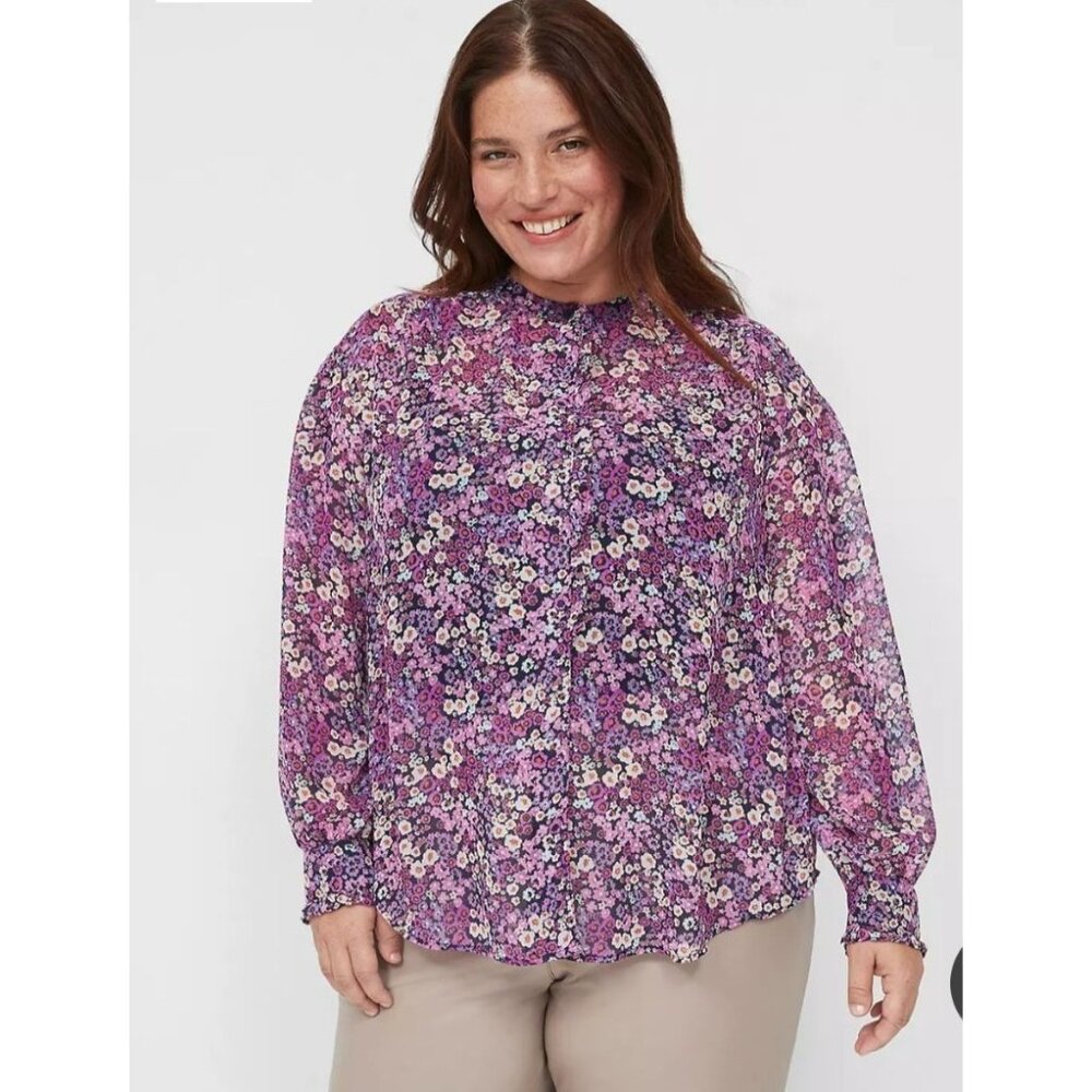 Lane Bryant Womens Chiffon Top Plus Size 18  Floral Long Sleeve Blouse Casual